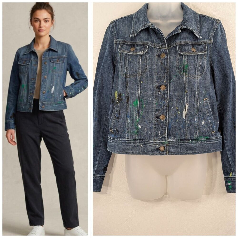 Lauren Ralph Lauren Womens Large Paint Splatter Denim Trucker Jacket Street Wear
